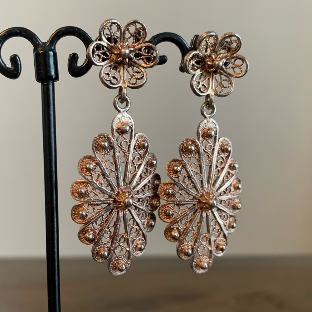 Sterling Silver Earrings Stamped 925 ROM Vintage Delicate Design Feminine Floral